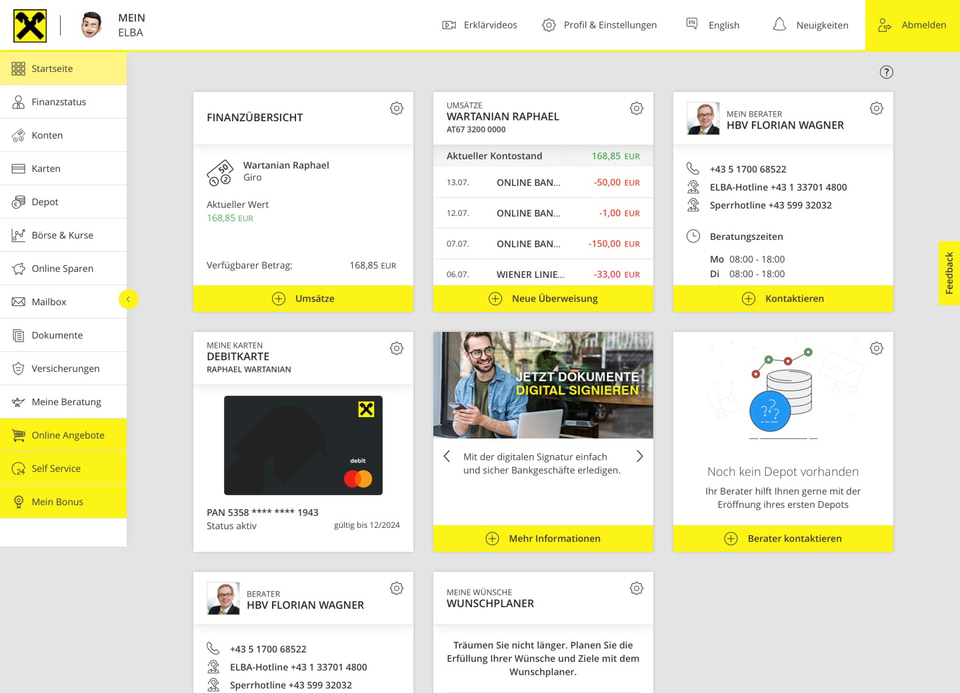 Previous Mein ELBA dashboard, with a left-hand navigation and a dense grid of account, contact and promotional panels.