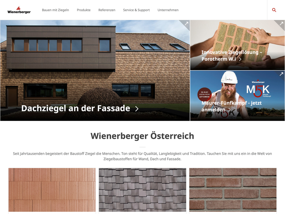 Wienerberger Austria homepage showing architecture, a brick product and an event in a shared image layout.
