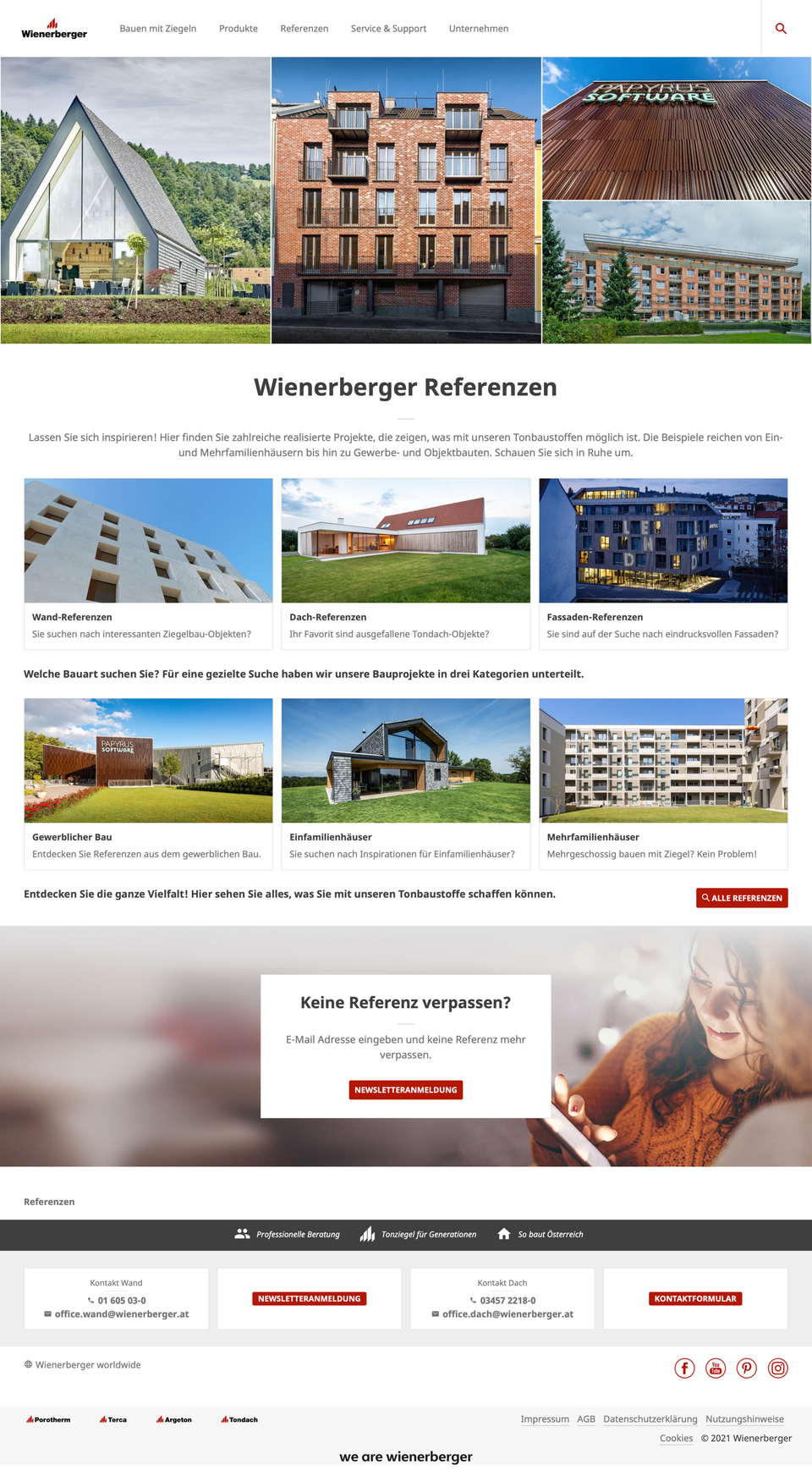 Wienerberger Austria references page with architectural photography and browsing categories for walls, roofs, façades and different building types.
